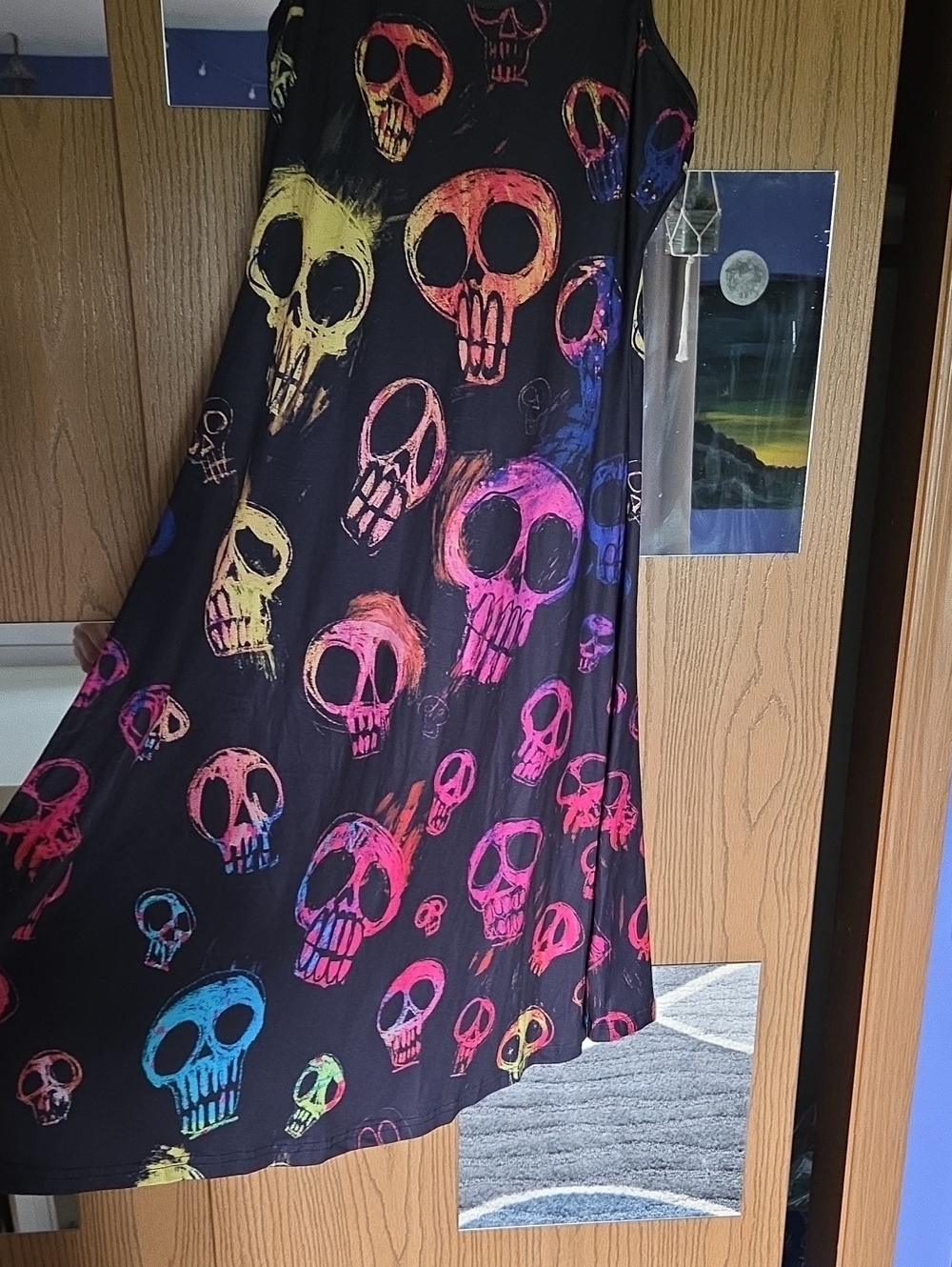 Black Skull Print Slip On Dress with Neon Accents - Picture 4 of 6